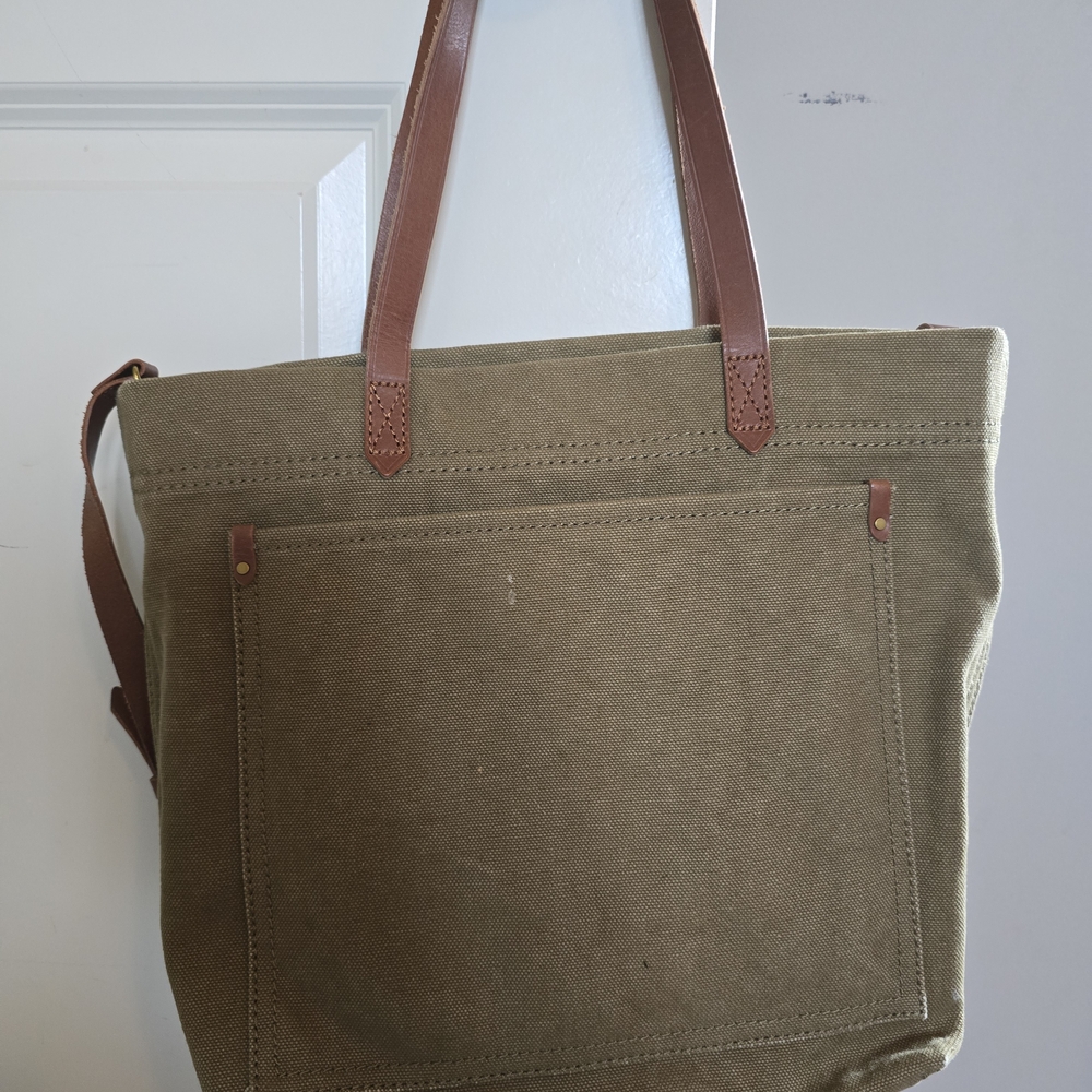 Madewell Olive Green Canvas Tote Bag with Brown Leather Straps